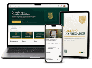 A área de alunos da Formação no notebook e no celular, e o Caderno do Pregador no tablet
